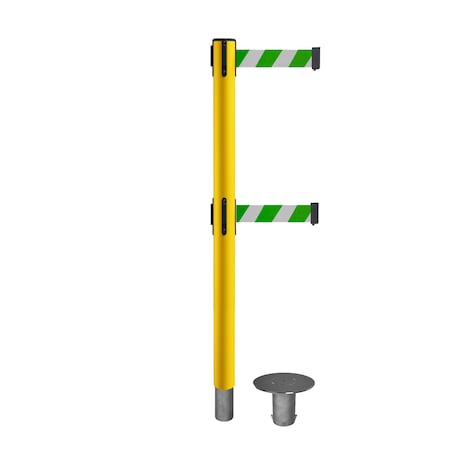 Stanchion Dual Belt Barr. Removable Base Yellow Post 7.5ftGrn/Wh Belt